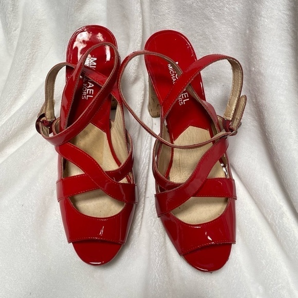 Michael Michael Kors red patent leather strappy chunky cork heel size 8.5 - Picture 8 of 11
